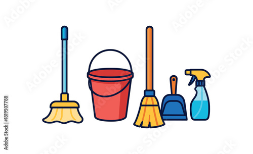 Flat vector floor cleaning tools: mop bucket broom dustpan spray bottle bright vibrant palette clean outlines minimal centered isolated on white no logos