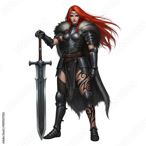 Fierce warrior woman with red hair stands guard holding a large steel sword on transparent background