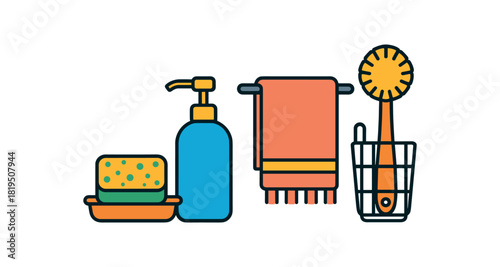 Flat vector sink organization: sponge tray soap pump towel brush rack bright vibrant palette clean outlines minimal centered isolated on white no logos