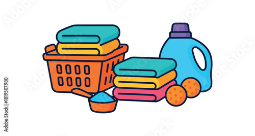 Flat vector bath towel care: laundry basket folded towels dryer balls scoop jug bright vibrant palette clean outlines minimal centered isolated on white no logos