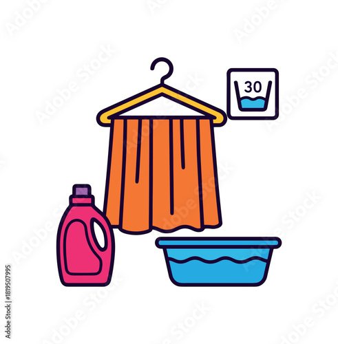 Flat vector curtain washing: curtain folds washing label detergent basin hanger bright vibrant palette clean outlines minimal centered isolated on white no logos
