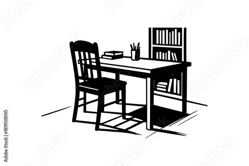 Chair slightly pushed under desk black silhouette with leg and shadow line accents study environment detail