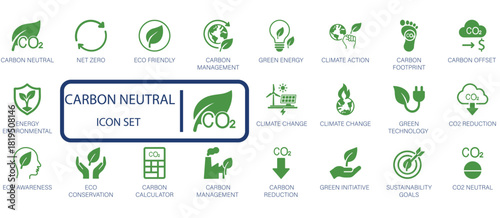 Carbon Neutral, Net Zero, and Sustainability flat icons. Essential vector set for ESG reporting, green technology, climate action, and eco-friendly projects.