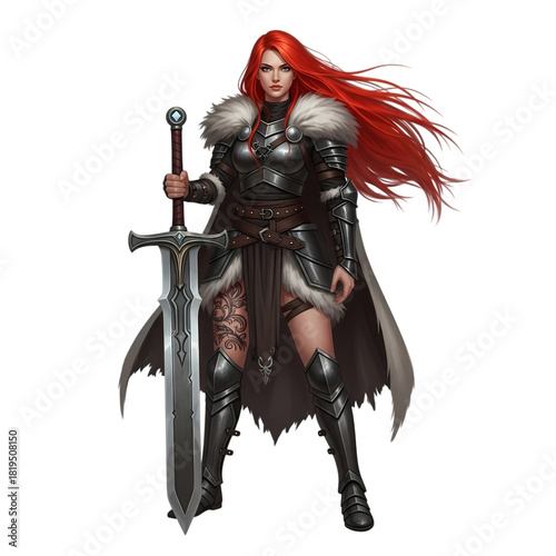 Red haired warrior woman in armor stands holding a large sword on transparent background