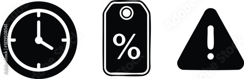 Clock percentage discount and warning icons set for business communication and user interface design 