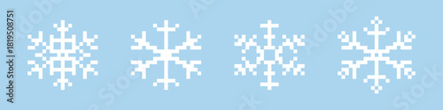 Set of four blue geometric snowflake icons created with a dotted pixel style, perfect for winter themes, technology, and digital holiday decorations.