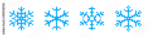 Set of four blue geometric snowflake icons created with a dotted pixel style, perfect for winter themes, technology, and digital holiday decorations.