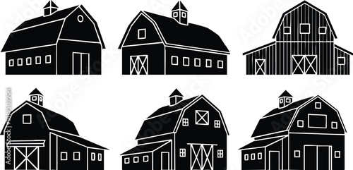 Black barn silhouettes vector set with different roof styles and doors illustration for farming and agriculture design 