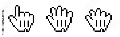 Retro pixel art mouse cursor set featuring pointing finger and open hand icons in classic black and white 8-bit style for digital interfaces.