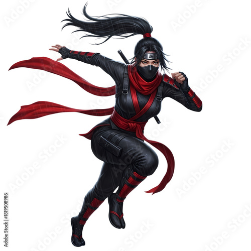 Dynamic ninja warrior in black and red suit strikes a powerful action pose on transparent background