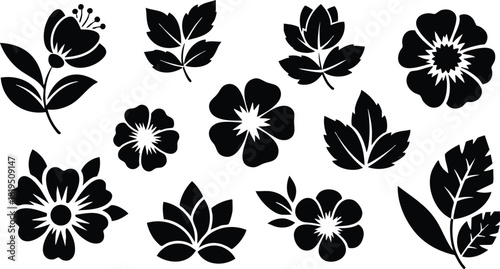 Floral silhouette collection of various flowers and leaves in black vector illustration design 