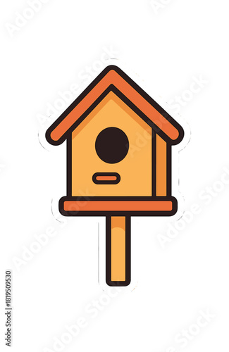 Single small birdhouse on wooden pole flat vector style bold outline sticker look bright warm palette isolated on transparent background centered no face
