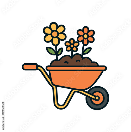Single wheelbarrow with soil and flowers flat vector style bold outline sticker look bright warm palette isolated on transparent background centered no face