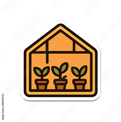 Single greenhouse with tiny plants inside flat vector style bold outline sticker look bright warm palette isolated on transparent background centered no face