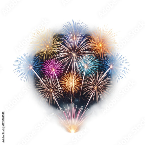 Colorful fireworks display illuminates the night sky with vibrant bursts of light on transparent background