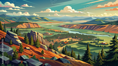 Very beautiful overlooking view of Prineville from Ochoco Wayside State Park in Central Oregon, featuring rolling hills, scattered forests, and the town nestled in a scenic high-desert landscape under