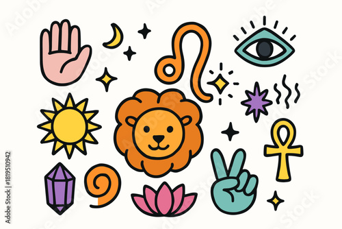 Cute doodle astrology spiritual collection flat vector illustration bold handdrawn outlines bright solid fills isolated on white clean white space sticker style minimal detail leo lion mane