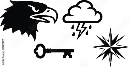 Eagle head key thunderstorm cloud star compass black silhouette icons vector illustration 