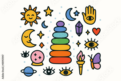 Cute doodle astrology spiritual collection flat vector illustration bold handdrawn outlines bright solid fills isolated on white clean white space sticker style minimal detail chakra stones