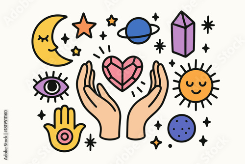 Cute doodle astrology spiritual collection flat vector illustration bold handdrawn outlines bright solid fills isolated on white clean white space sticker style minimal detail aura hands