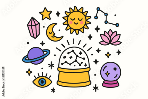 Cute doodle astrology spiritual collection flat vector illustration bold handdrawn outlines bright solid fills isolated on white clean white space sticker style minimal detail constellation