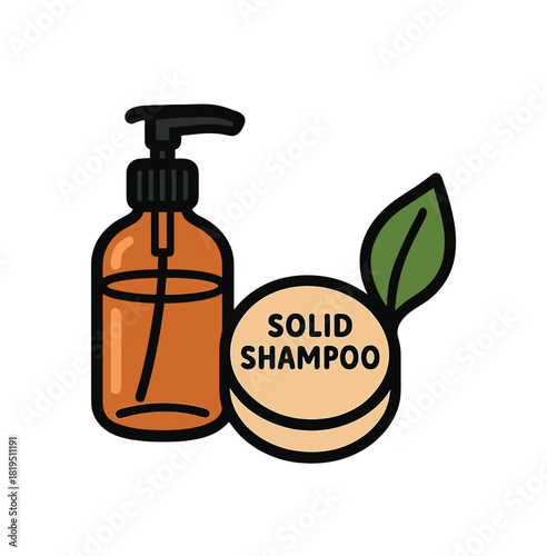 Minimal eco bathroom set with refill amber pump bottle solid shampoo tin and leaf flat vector style bold outline sticker look bright warm palette isolated on transparent background centered