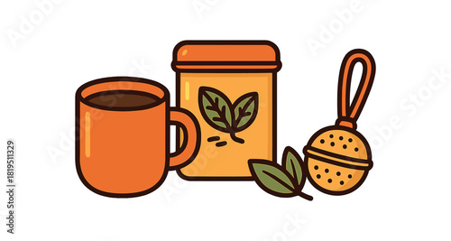Tea ritual eco set with ceramic mug loose leaf tin and reusable infuser flat vector style bold outline sticker look bright warm palette isolated on transparent background centered no face