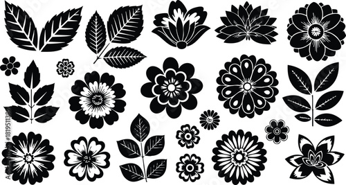 Black silhouette floral leaves and flower shapes vector design elements for decoration and art projects 