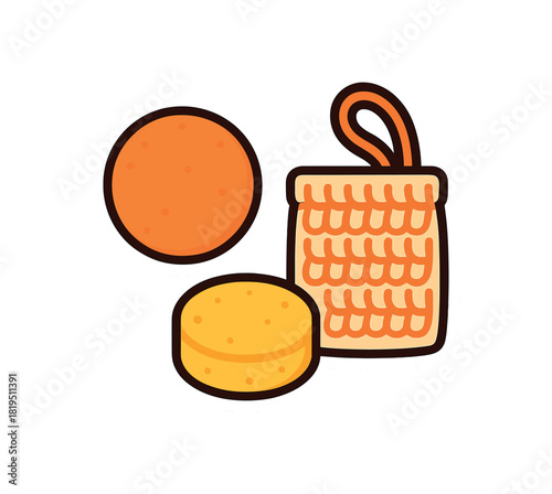 Shower eco set with solid shampoo bar conditioner bar and sisal soap pouch flat vector style bold outline sticker look bright warm palette isolated on transparent background centered no