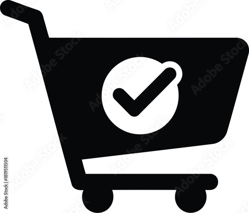 Shopping cart with checkmark icon   e commerce order confirmation, purchase success, add to cart symbol