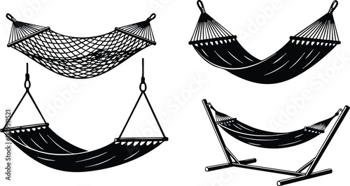 Hammock set with different styles and support frames for relaxation and leisure activities vector illustration 
