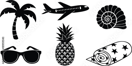 Tropical summer vacation icons with palm tree airplane pineapple sunglasses shell and towel vector illustration 