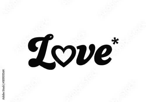 Black retro groovy typography spelling the word love with a heart shape replacing the letter o and an asterisk