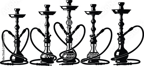 Hookah pipe set silhouette vector illustration with five traditional water pipes in black and white design 