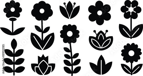 Black floral vector icons set with various flower and leaf shapes for decoration and design projects 