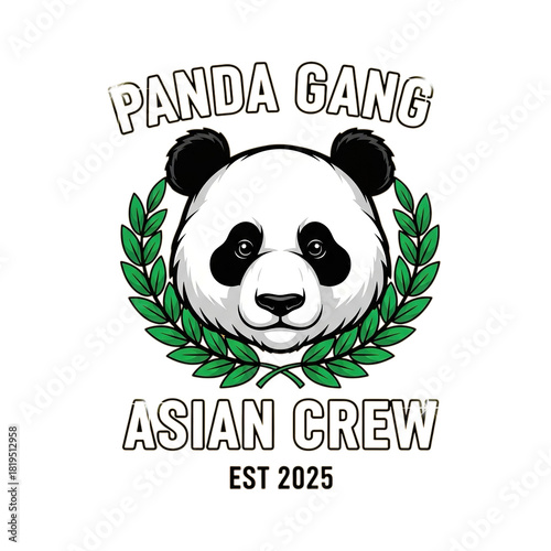 Panda gang asian crew logo with laurel wreath and text est 2025 isolated on transparent background