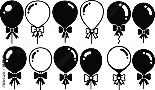 Party balloons with bows in black and white festive decoration vector art for celebration and events design 