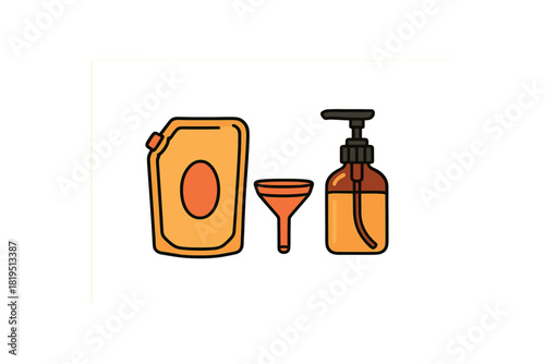 Refill bar set with shampoo refill pouch funnel and amber pump bottle flat vector style bold outline sticker look bright warm palette isolated on transparent background centered no face no