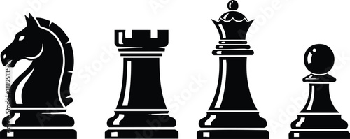 Chess Pieces Knight Rook Queen and Pawn Black Silhouettes Vector Illustration for Strategy Games and Board Play 