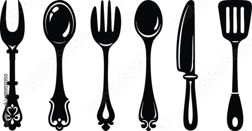Vintage cutlery set with fork spoon knife and spatula silhouette vector illustration black and white 