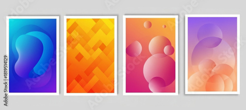 A set of four modern, colorful gradient posters with abstract designs and text elements. Each design incorporates minimalist typography and geometric