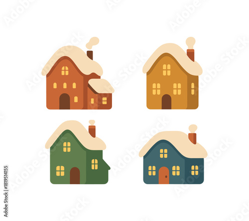 Flat vector illustration 4 winter village houses with tiny rounded silhouettes colorful palette