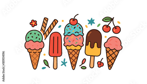Cozy summer flat vector illustration collection of cute seasonal icons ice cream cones popsicles chocolate dip sprinkles cherries wafer sticks arranged horizontal composition handdrawn