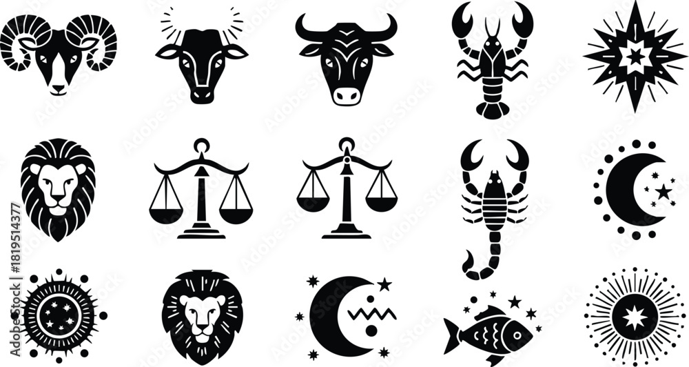 Naklejka premium Zodiac signs collection of vector icons including lion, scales, moon, fish, and sun in black style 
