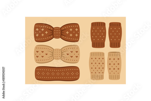 Flat vector illustration 2 knitted headbands and wrist warmers with tiny patterns rounded shapes winter textile