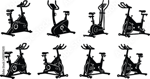 Exercise bike vector set showing multiple angles and positions of stationary fitness equipment 