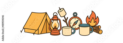 Cozy summer flat vector illustration collection of cute seasonal icons camping tent lantern marshmallow on stick compass enamel mug firewood arranged horizontal composition handdrawn