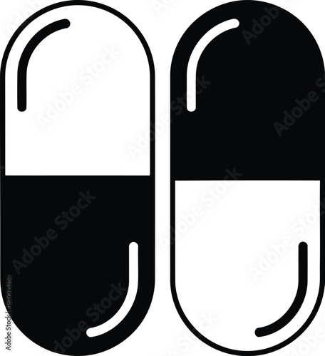 Black and white pill capsule icon vector illustration for medical and healthcare design