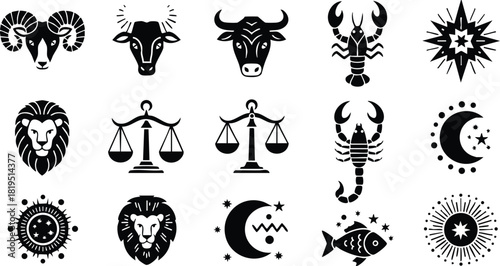 Zodiac signs collection of vector icons including lion, scales, moon, fish, and sun in black style 
