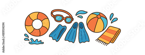 Cozy summer flat vector illustration collection of cute seasonal icons pool float ring swim goggles fins beach ball towel splash marks arranged horizontal composition handdrawn outlines